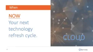 Simply Better Security Split banner: left panel shows 'When NOW Your next technology refresh cycle.'; right panel has a cloud network graphic with the word CLOUD and Brivo logo.