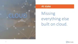 Simply Better Security Graphic with a hazy network background and the word CLOUD on the left; on the right, an orange 'At stake' banner and the text 'Missing everything else built on cloud.' Briva logo at bottom right.