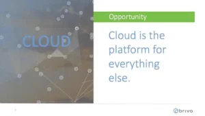 Simply Better Security Split slide: left shows a blue 'CLOUD' with connected-node network; right shows a green 'Opportunity' banner and the headline 'Cloud is the platform for everything else.'
