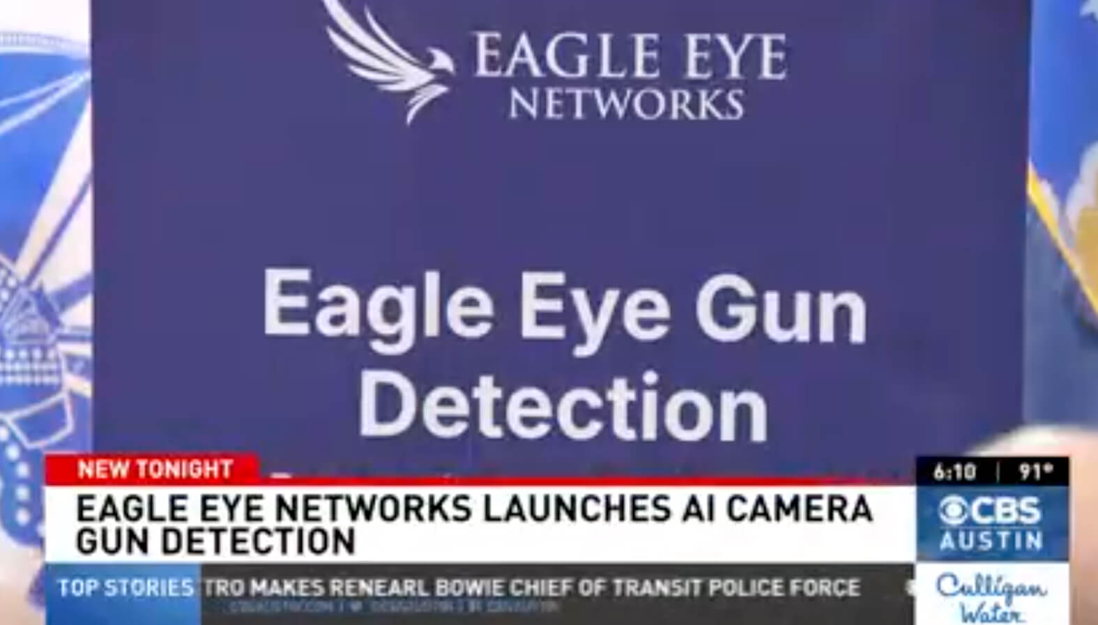 Chyron announcing Eagle Eye Gun Detection from Eagle Eye Networks on a purple banner with their logo.