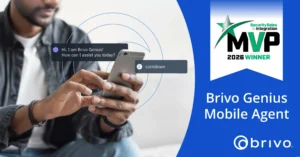 Person uses a smartphone with chat bubbles asking how Brivo Genius can help, beside a blue Brivo MVP banner.