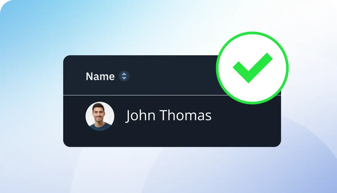 Dark profile card showing John Thomas's name and avatar with a green checkmark indicating selection/validation.