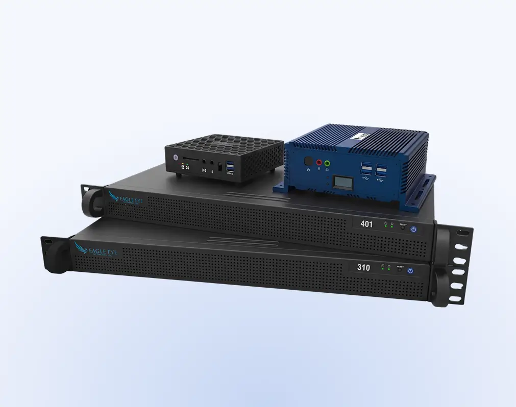 Rack-mounted server units: two black Eagle Eye chassis labeled 401 and 310 with a blue control module on top.