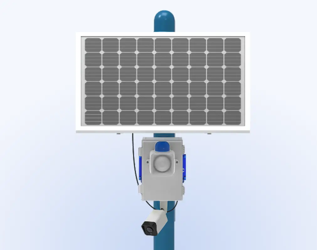 Solar panel atop a blue pole with a security camera mounted below.