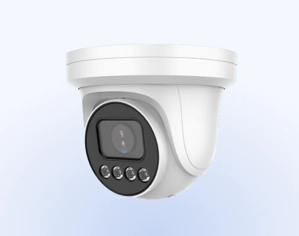 White dome security camera with black faceplate and four LED indicators