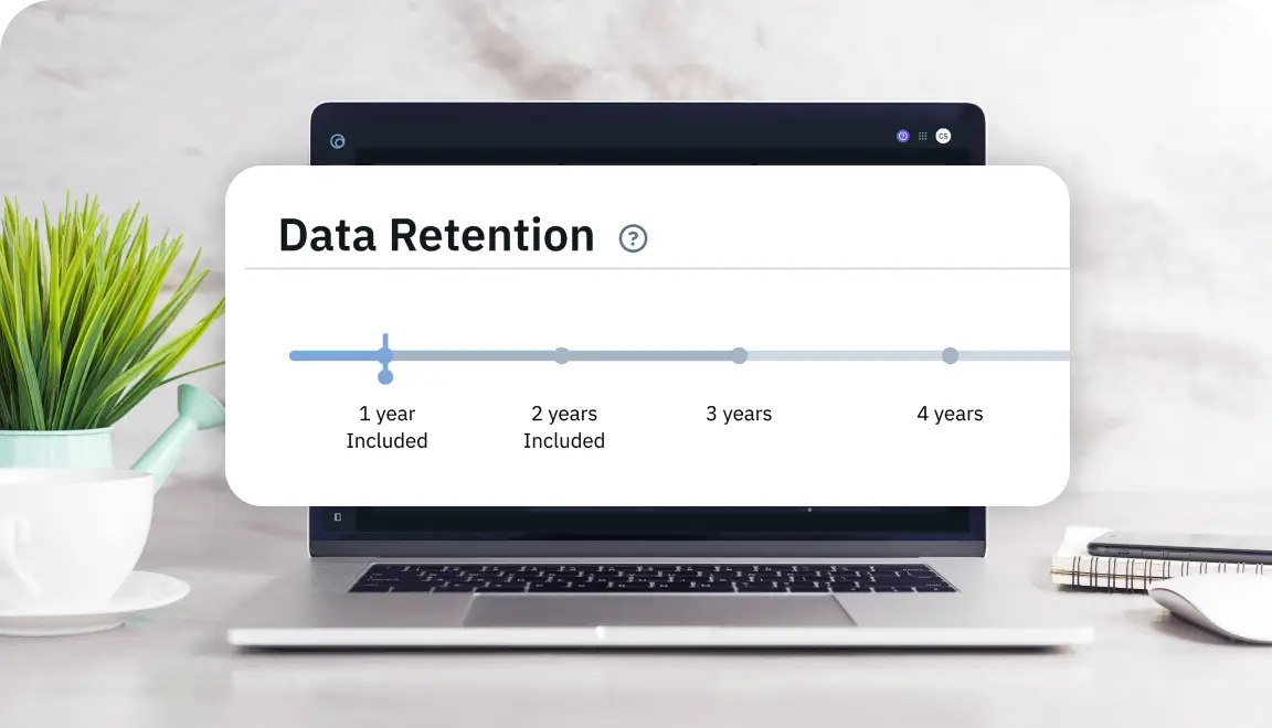 Banner: Data Retention timeline over a laptop screen showing 1–4 year preservation points, with a highlighted 1 year mark.