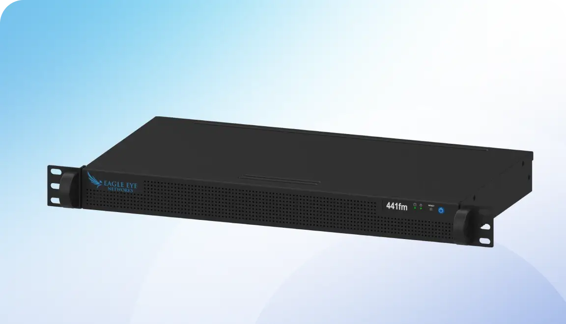 1U rack-mount network video recorder (NVR) with Eagle Eye Networks logo and front LED indicators on the perforated front panel