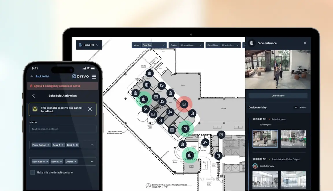 Brivo security dashboard on tablet and phone showing a floor plan with access points and camera icons connected for monitoring.