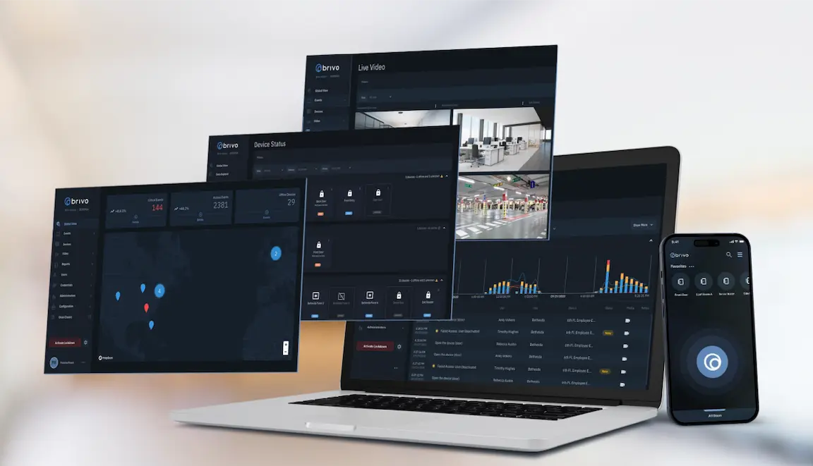 Dark multi-device Brivo security dashboard displayed across a laptop, large screens, and a smartphone.