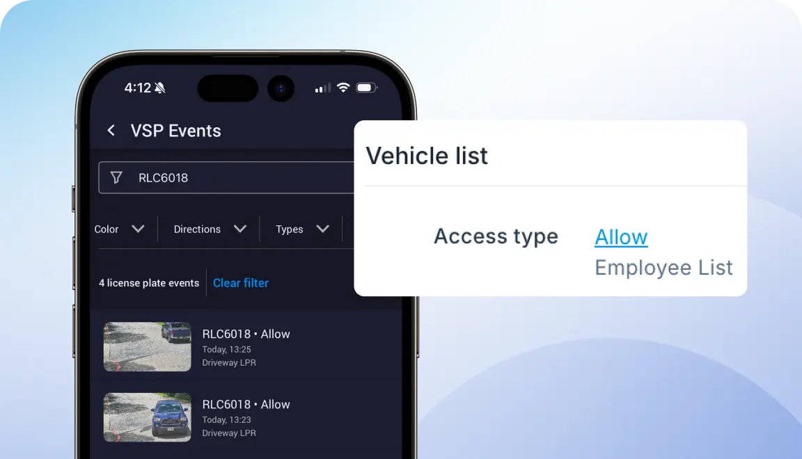 Screenshot of a mobile app showing VSP Events with a vehicle list dialog labeled Access type and the option to 'Allow Employee List'