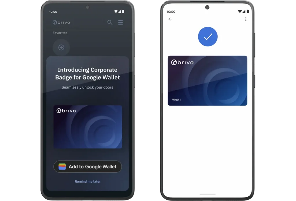 Two smartphones display Brivo Wallet onboarding screens: left prompts to add to Google Wallet, right shows a Brivo card on white background.