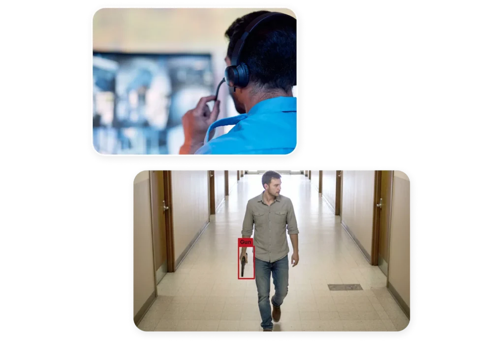 Top image showing a person wearing a headset, viewed from behind, looking at a computer screen in a workplace setting. Bottom image shows a man walking down a hallway holding a small red-labeled display of a handgun.