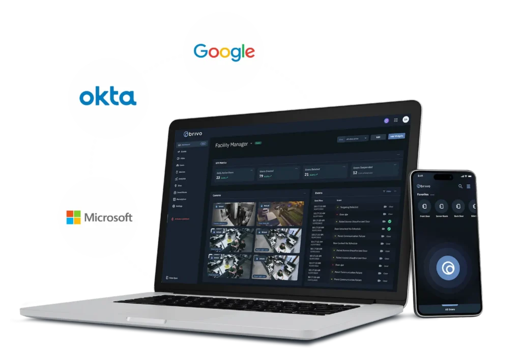 Brivo security dashboard shown on a laptop and smartphone with Google, Okta, and Microsoft logos in the background.