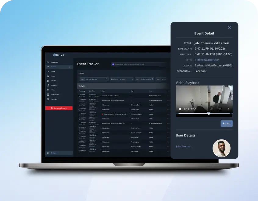 Laptop screen showing a dark ‘Event Tracker’ dashboard with a side menu and a floating ‘Event Detail’ panel containing event info and a video player.
