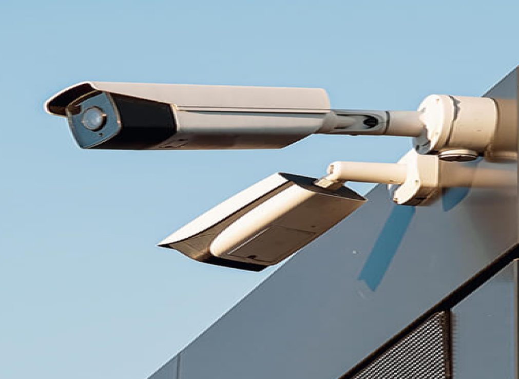 Two outdoor security cameras mounted on a building against a clear blue sky.