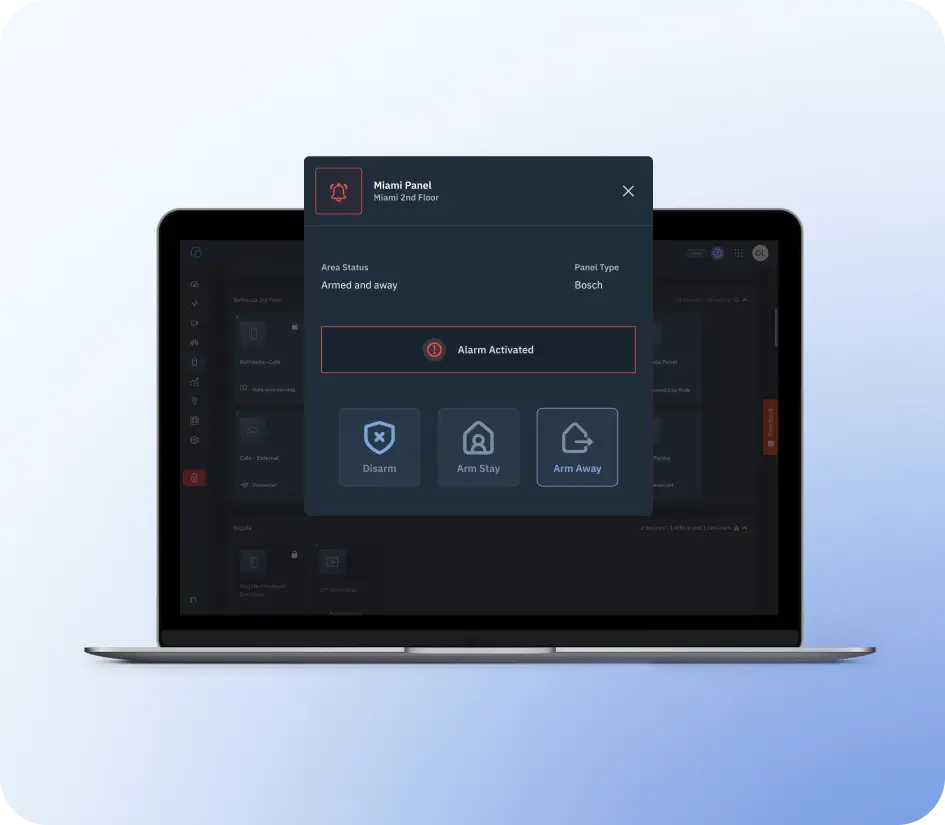 Laptop screen showing a dark security dashboard modal titled 'Miami Panel' with 'Alarm Activated' and options Disarm, Arm Stay, Arm Away.