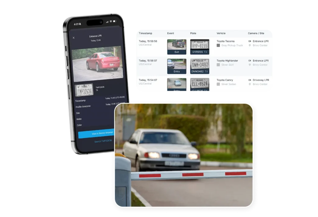 Collage: a smartphone showing a vehicle history screenshot, a nearby table of events, and a street scene with a barrier in the foreground