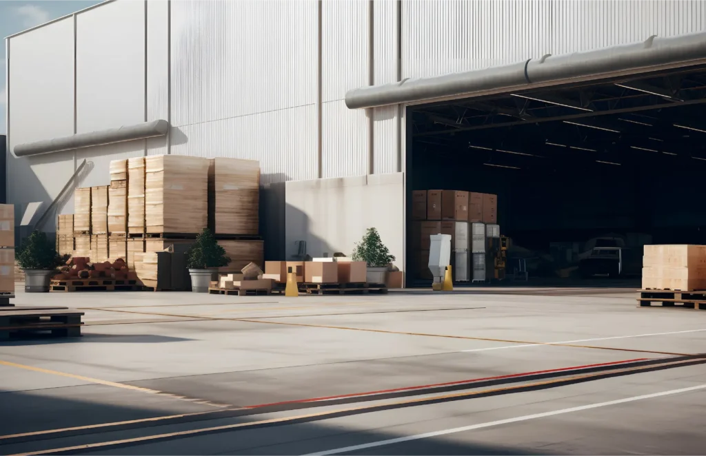 Loading area of a warehouse with stacked wood pallets, boxes, and trees in pots outside the open door under bright daylight.