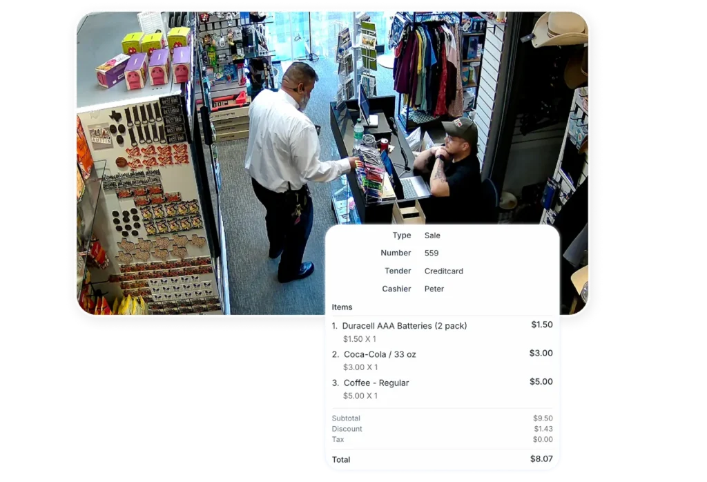 Cashier wearing a cap at a checkout counter helping a customer; a receipt overlay lists items behind them in a retail store.