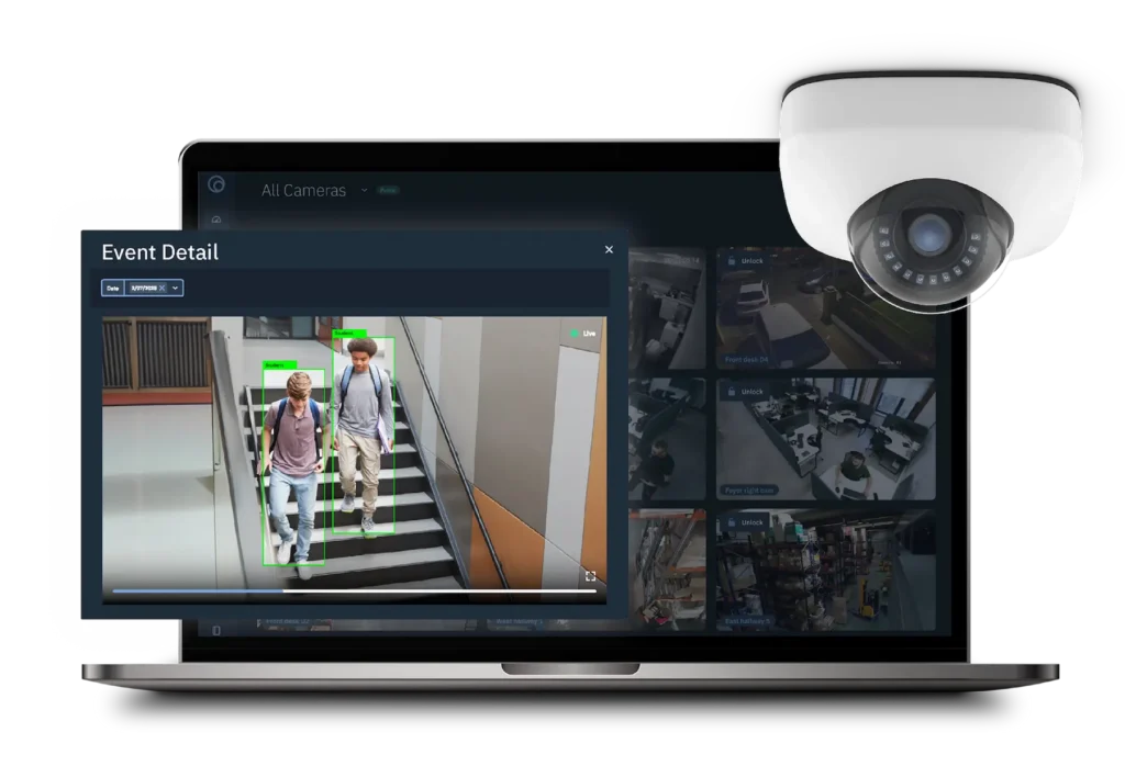 Surveillance dashboard showing an event detail with people detected on stairs and green bounding boxes around students.