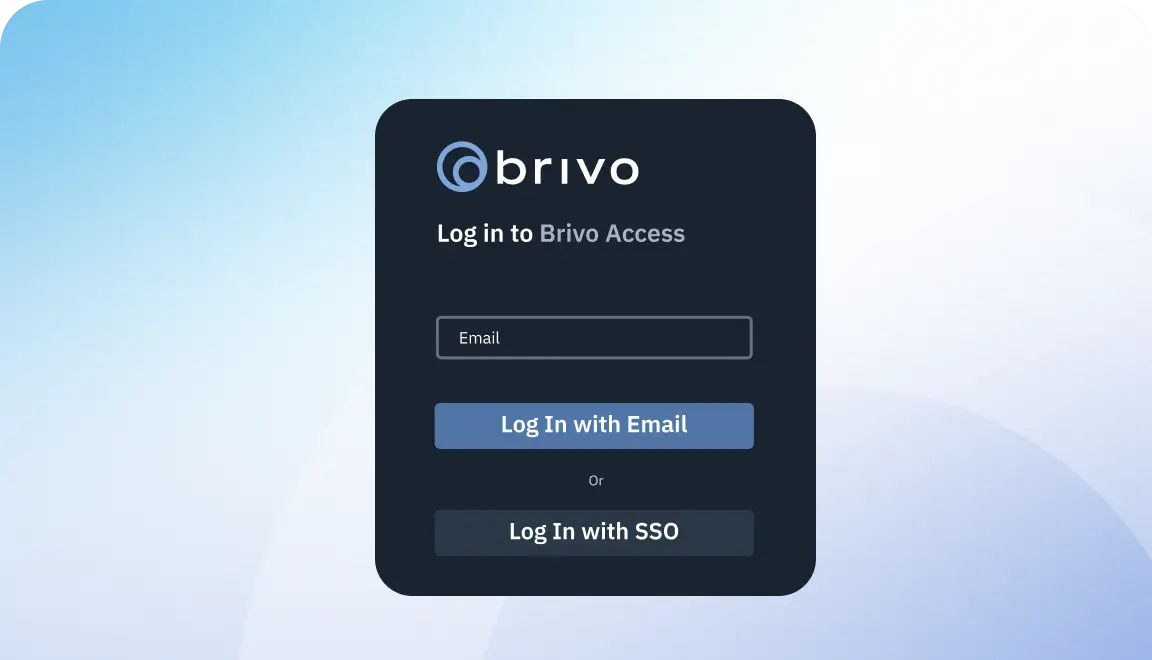 Dark rounded login card for Brivo Access with Email field and two buttons: Log In with Email and Log In with SSO on a blue gradient background