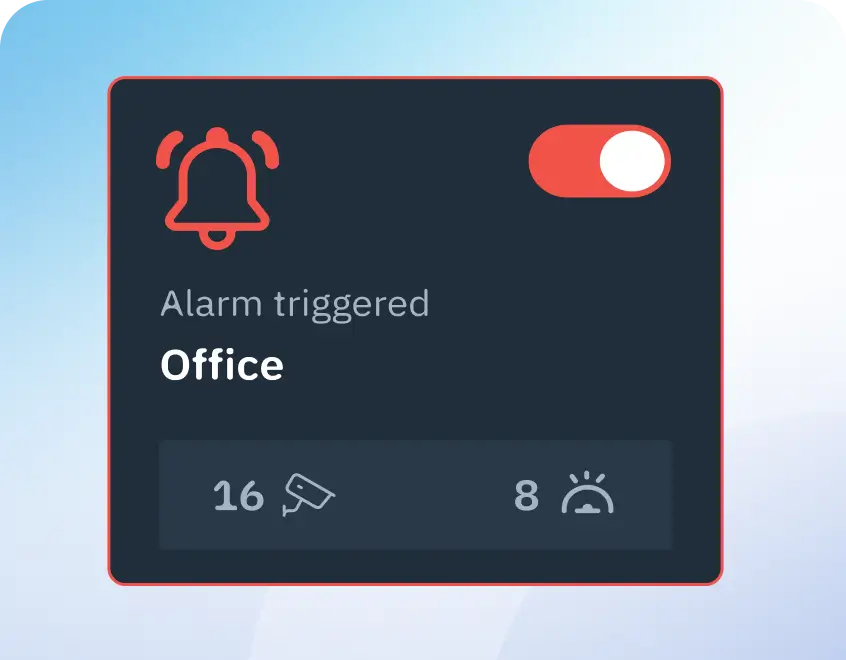 Notification card: Alarm triggered for Office with a toggle switch on top-right and two quick stats at the bottom (16 and 8). Translation-friendly and concise alt text for a UI alert panel.