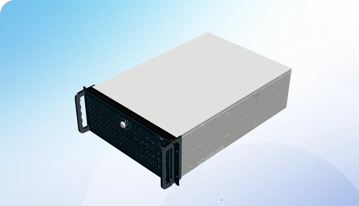 Isometric illustration of a rectangular server chassis with front panel and side handles.