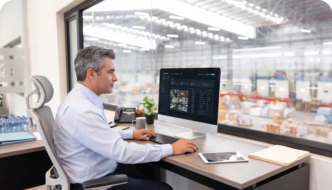 Man in a white shirt sits at a desk by a window, using a desktop monitor showing a management dashboard; a warehouse is outside.