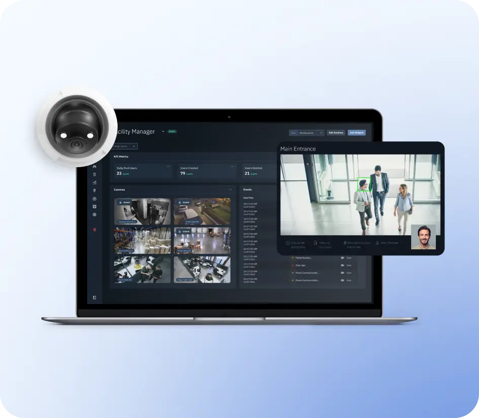 Laptop screen displaying a security monitoring dashboard with camera feeds and metrics, plus a floating tablet showing a live entrance video call