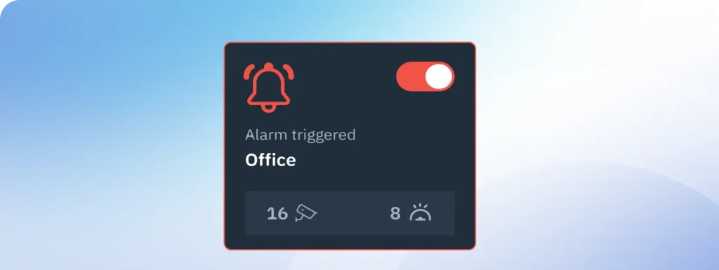 Alarm triggered for Office with the toggle switch on; a dark card shows two stats: 16 alerts (megaphone icon) and 8 reminders (alarm clock icon).
