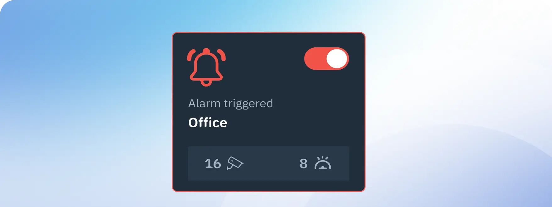 Alarm triggered for Office with the toggle switch on; a dark card shows two stats: 16 alerts (megaphone icon) and 8 reminders (alarm clock icon).