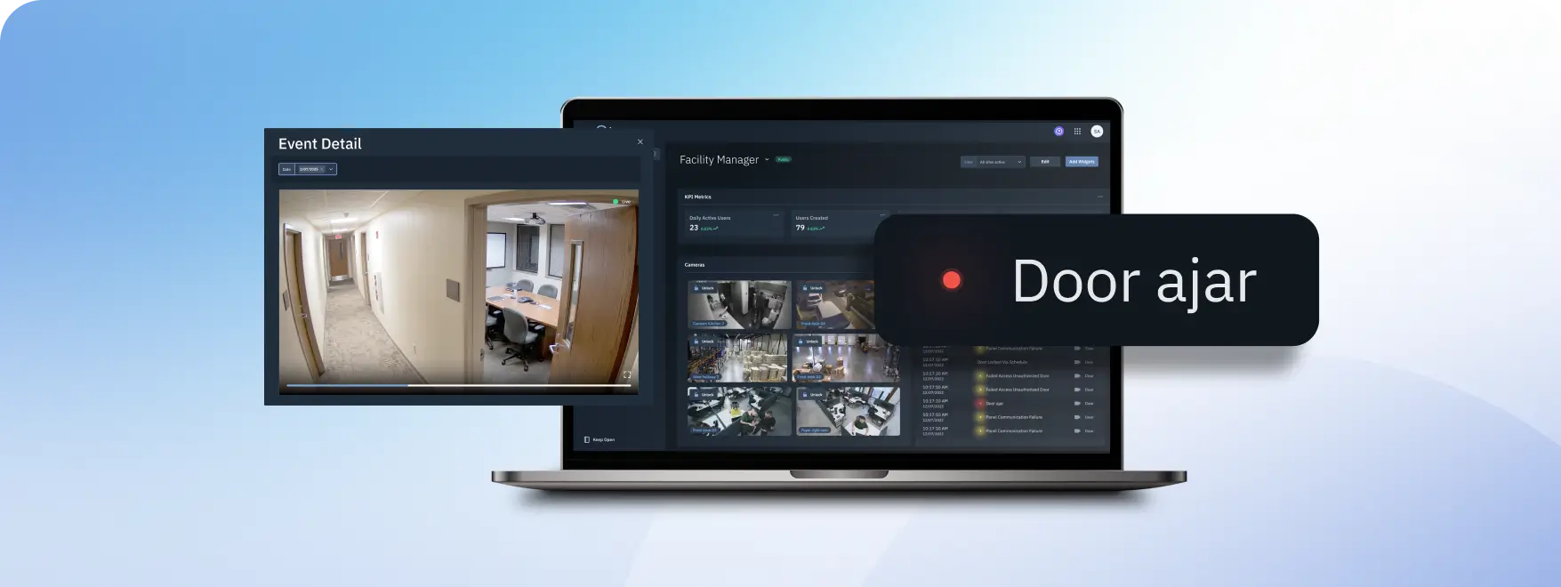 Laptop displaying security surveillance dashboard with live hallway camera feed and a 'Door ajar' alert banner.