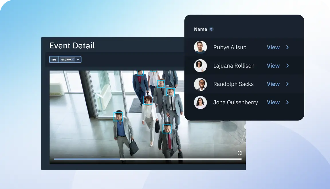 Video player showing people with blue face boxes and a floating 'Name' panel listing four individuals with View links.