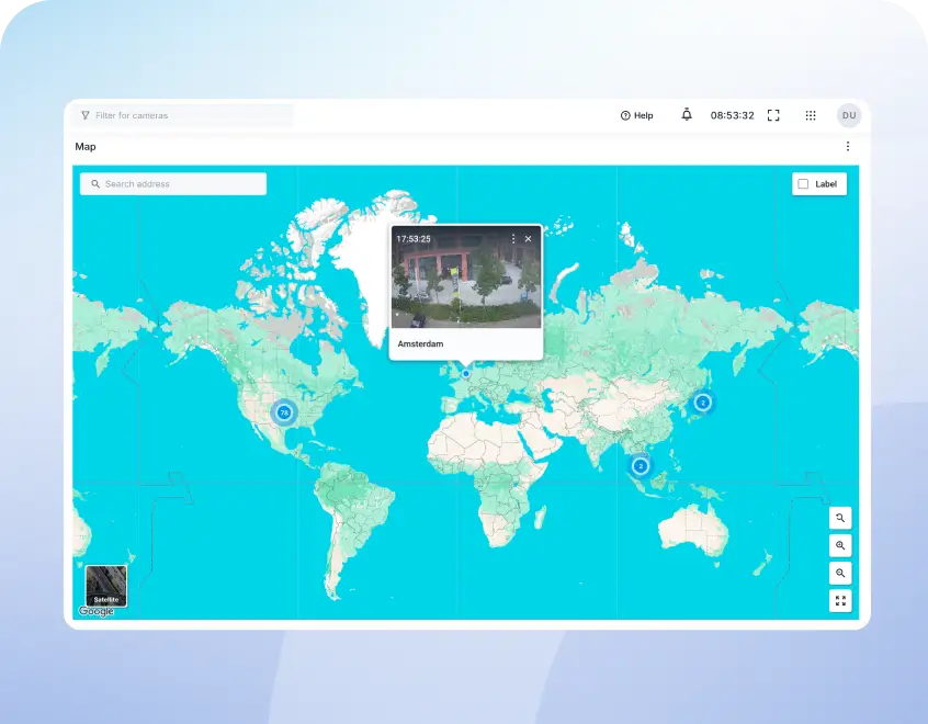Interactive map UI showing a blue world map with a search bar, zoom controls, and a floating photo card labeled Amsterdam.