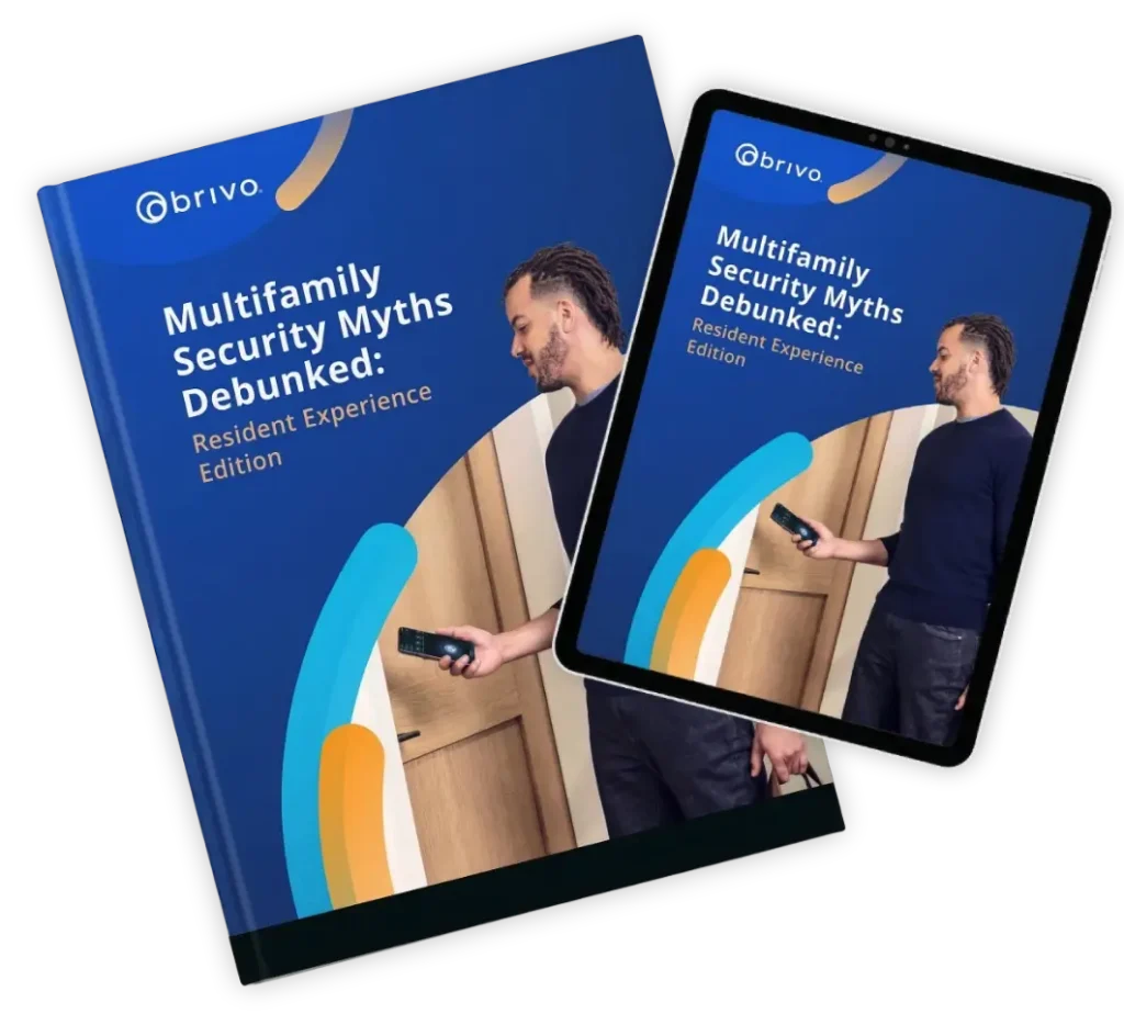Cover of a blue booklet titled 'Multifamily Security Myths Debunked: Resident Experience Edition' beside a tablet showing the same cover, on a black background.