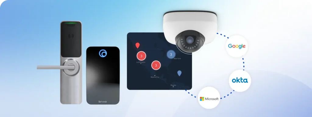 Smart door lock connected to a mobile app, security camera, and a map with partner logos (Google, Microsoft, Okta).