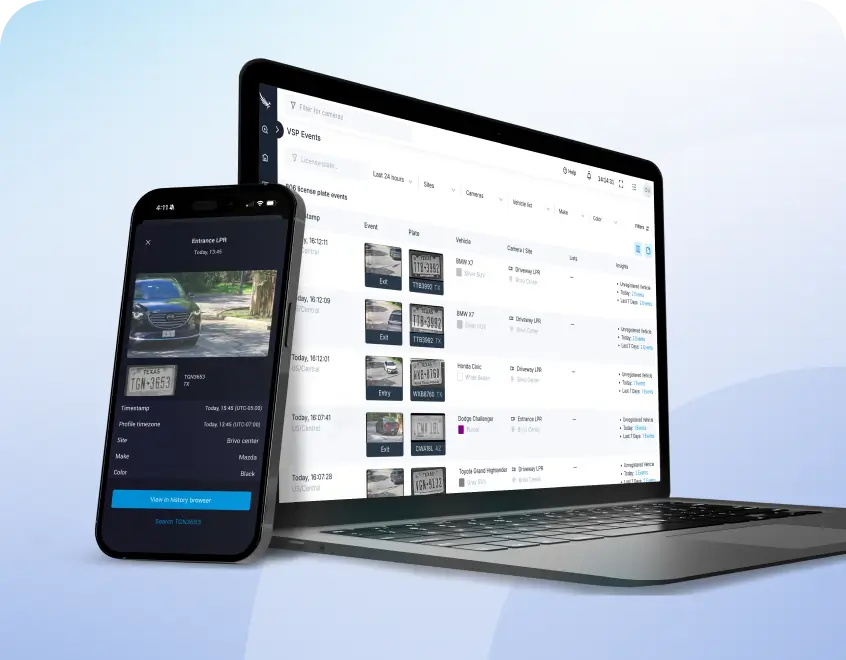 Screenshot of a vehicle tracking app: laptop shows a list of vehicle events while a phone displays a car image with license plate and details on top of the dashboard view.
