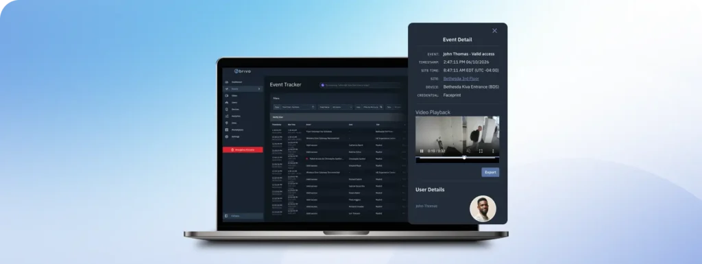 Laptop showing a dark security dashboard with an Event Tracker and a floating event-detail panel overlaying the screen, plus a user avatar at the bottom-right.