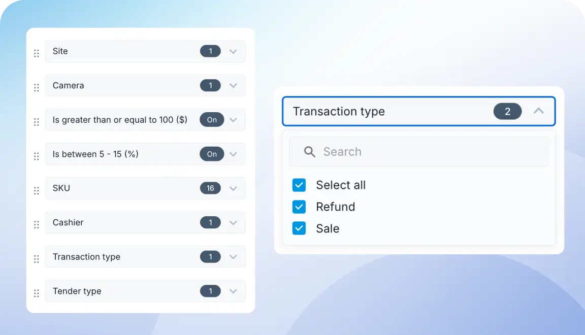 Left: vertical filter panel; right: 'Transaction type' panel with search and three checked items: Select all, Refund, Sale.