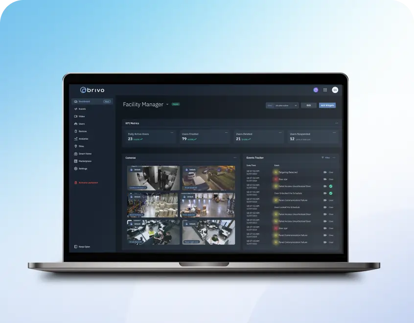 Laptop displaying a dark security dashboard labeled 'brivo' with camera feeds and facility metrics on a gradient blue background.