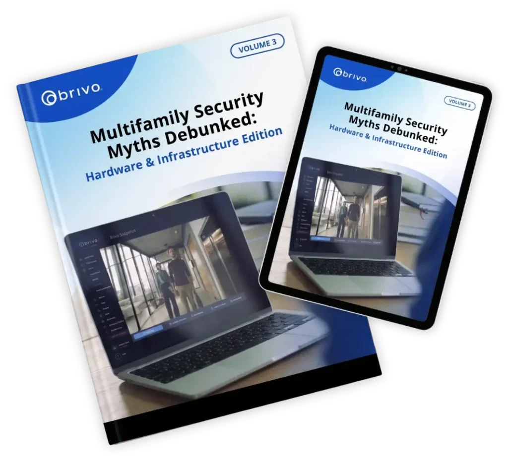 Book and tablet showing the cover: Multifamily Security Myths Debunked — Hardware & Infrastructure Edition, Volume 3 (Brivo).