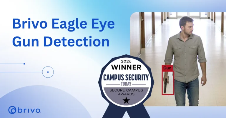 Banner for Brivo Eagle Eye Gun Detection featuring a man in a hallway with a red box around a handgun; 'WINNER' badge overlay.