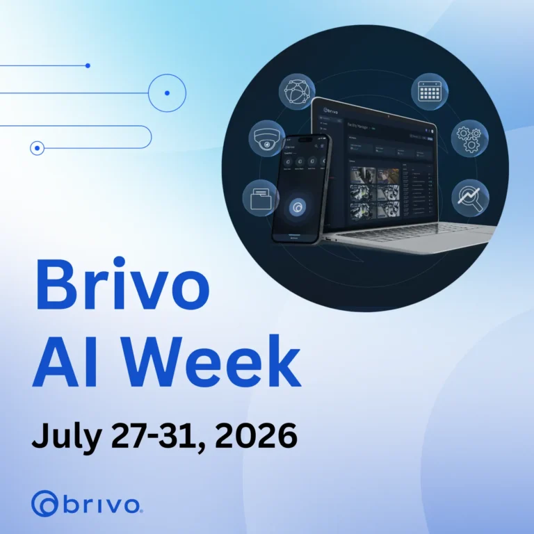 Promotional banner for Brivo All Week event (July 27–31, 2026) showing laptop and mobile device with circular tech icons around a dark circle background.
