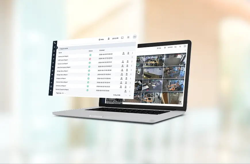Laptop shows a security dashboard with a grid of CCTV camera feeds and a floating report panel on the side.