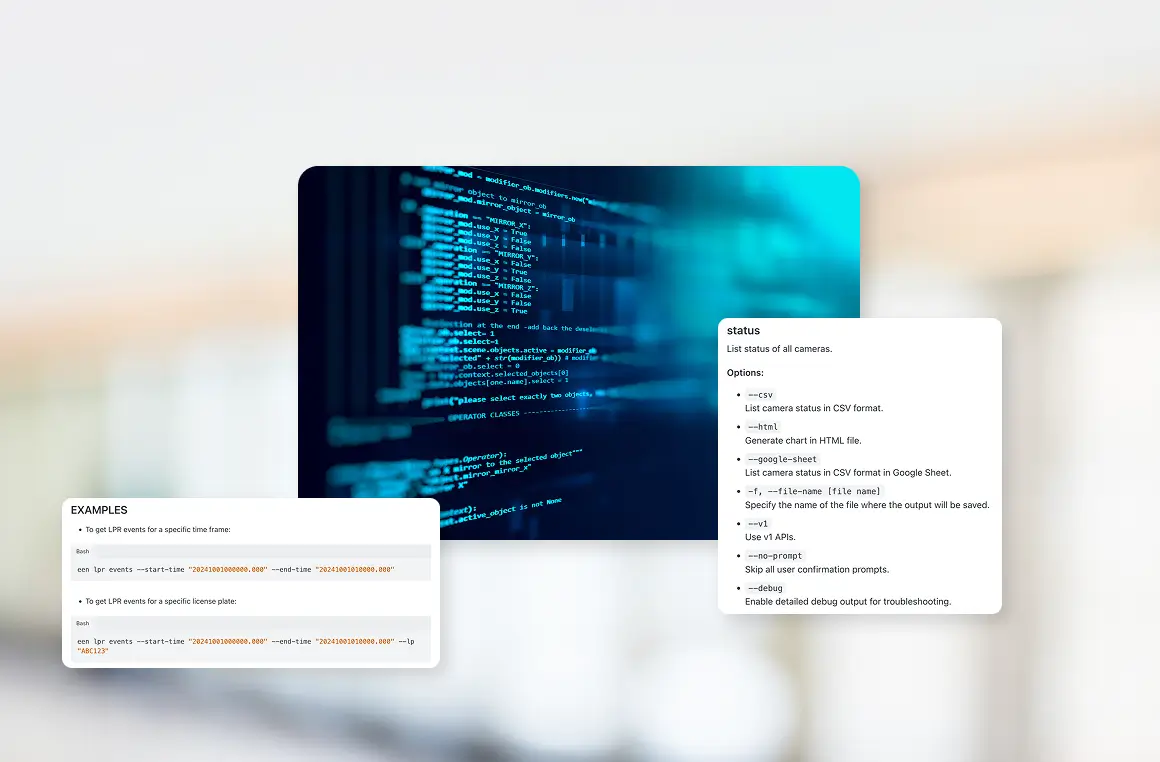 Blue code screen with two floating white panels labeled Examples and status, showing snippets and a status list.