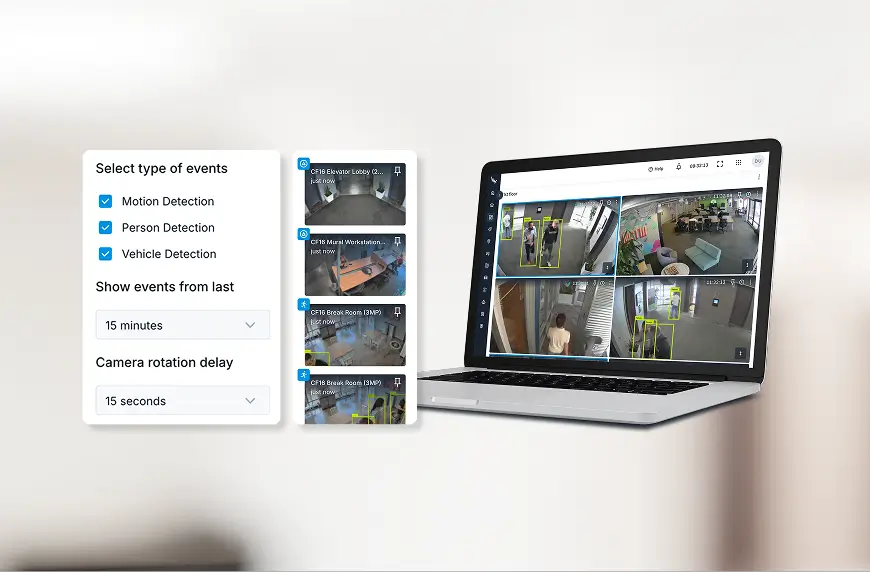 Security surveillance UI with event filters (Motion, Person, Vehicle) and time settings beside a multi-camera thumbnail panel and a laptop showing a live grid of feeds.