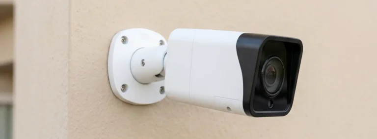 White outdoor surveillance camera mounted on a beige wall, angled to monitor the area