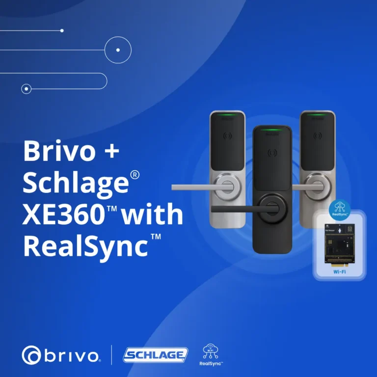 Blue gradient ad showing three Schlage XE360 smart locks with handles and a RealSync Wi‑Fi module, alongside the text 'Brivo + Schlage XE360 with RealSync' and sponsor logos at the bottom.