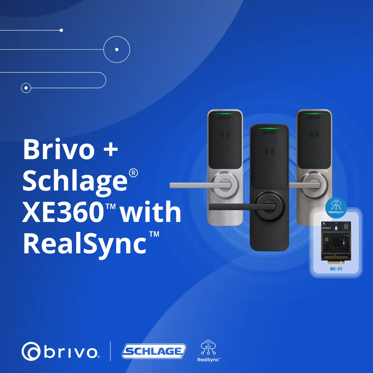 Blue gradient ad showing three Schlage XE360 smart locks with handles and a RealSync Wi‑Fi module, alongside the text 'Brivo + Schlage XE360 with RealSync' and sponsor logos at the bottom.