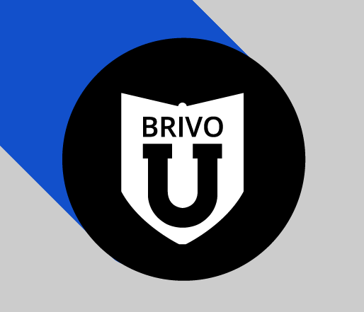 Brivo U logo: white shield with BRIVO U inside a black circle, over a gray background with a blue diagonal shape.